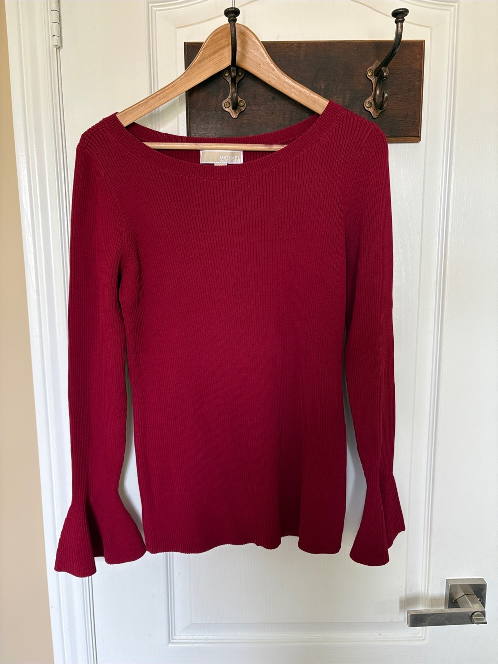 Women’s Red Ribbed Bell-Sleeve Top